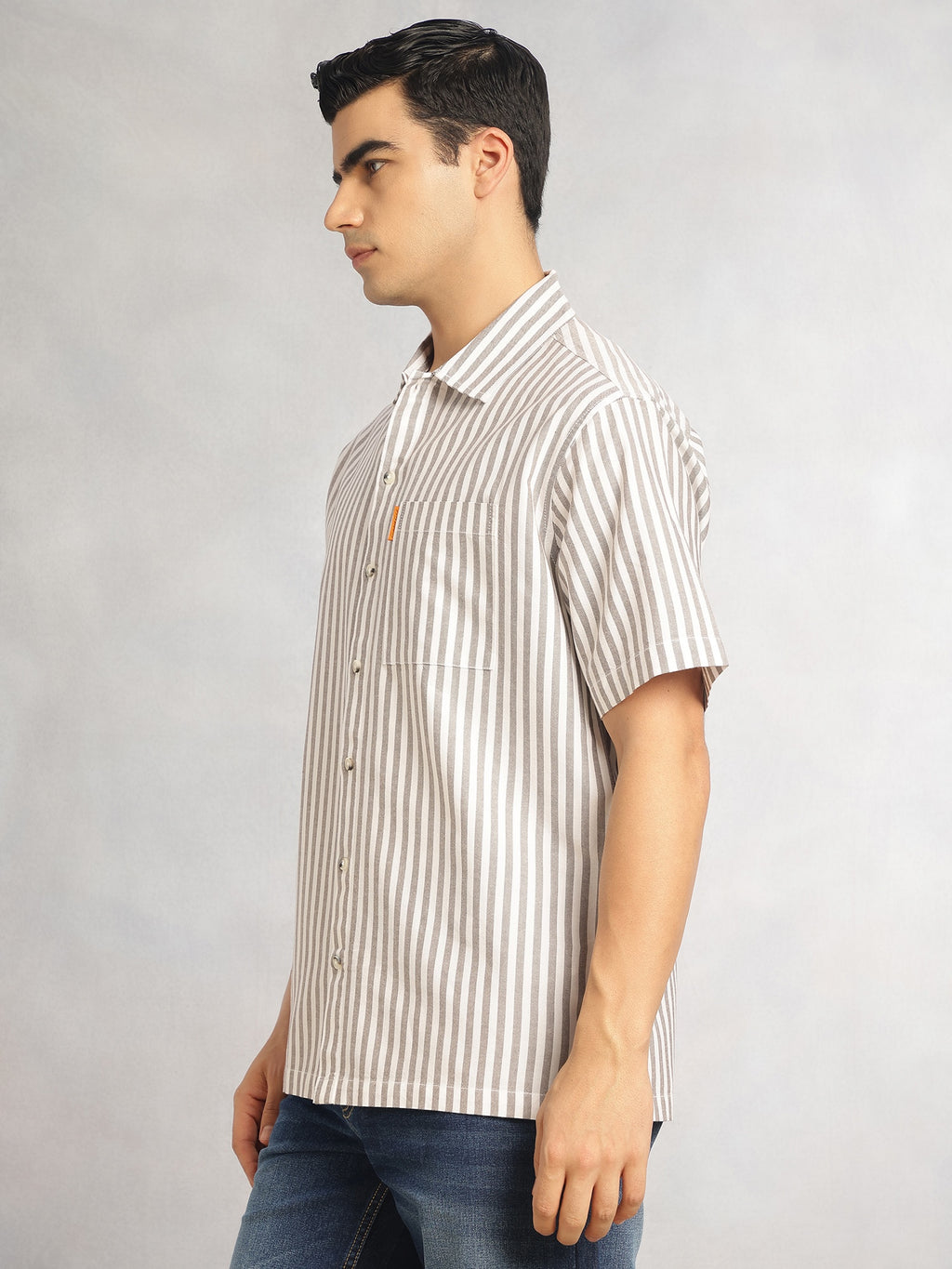 Thomas Scott Men Brown Cricket Club Collection Oversized Short Sleeves Cuban Collar Vertical Striped 100% Cotton Oxford Casual Shirt