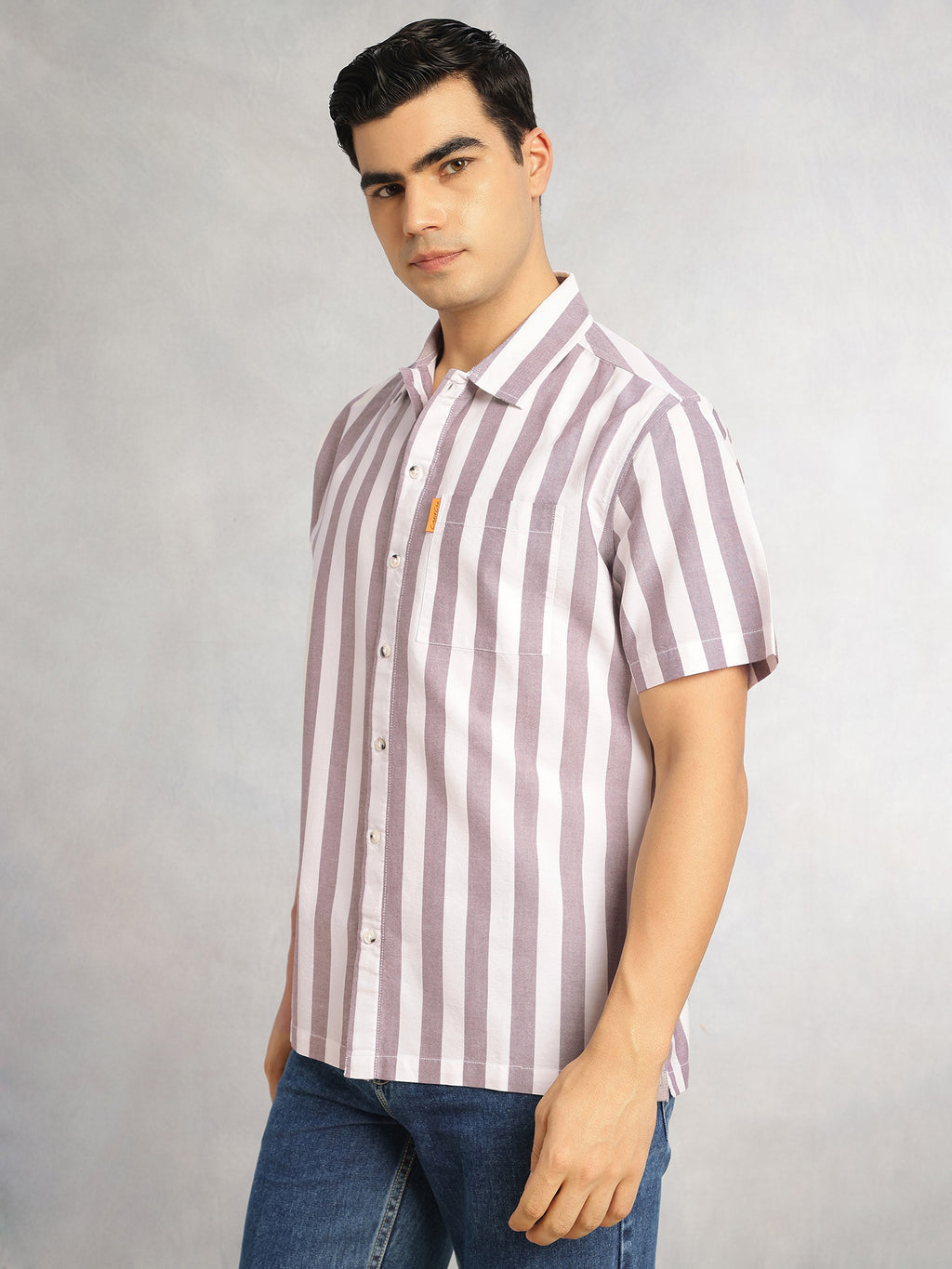 Thomas Scott Men Maroon Cricket Club Collection Oversized Short Sleeves Cuban Collar Vertical Striped 100% Cotton Oxford Casual Shirt
