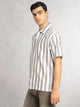 Thomas Scott Men Navy Cricket Club Collection Oversized Short Sleeves Cuban Collar Vertical Striped 100% Cotton Oxford Casual Shirt