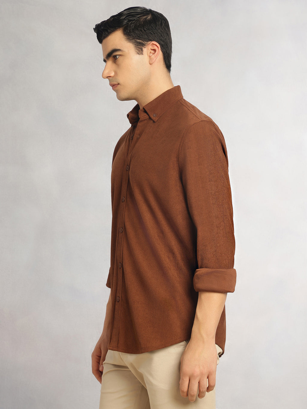 Thomas Scott Men Brown Slim Fit Long Sleeves Button-Down Collar Corduroy Shirt