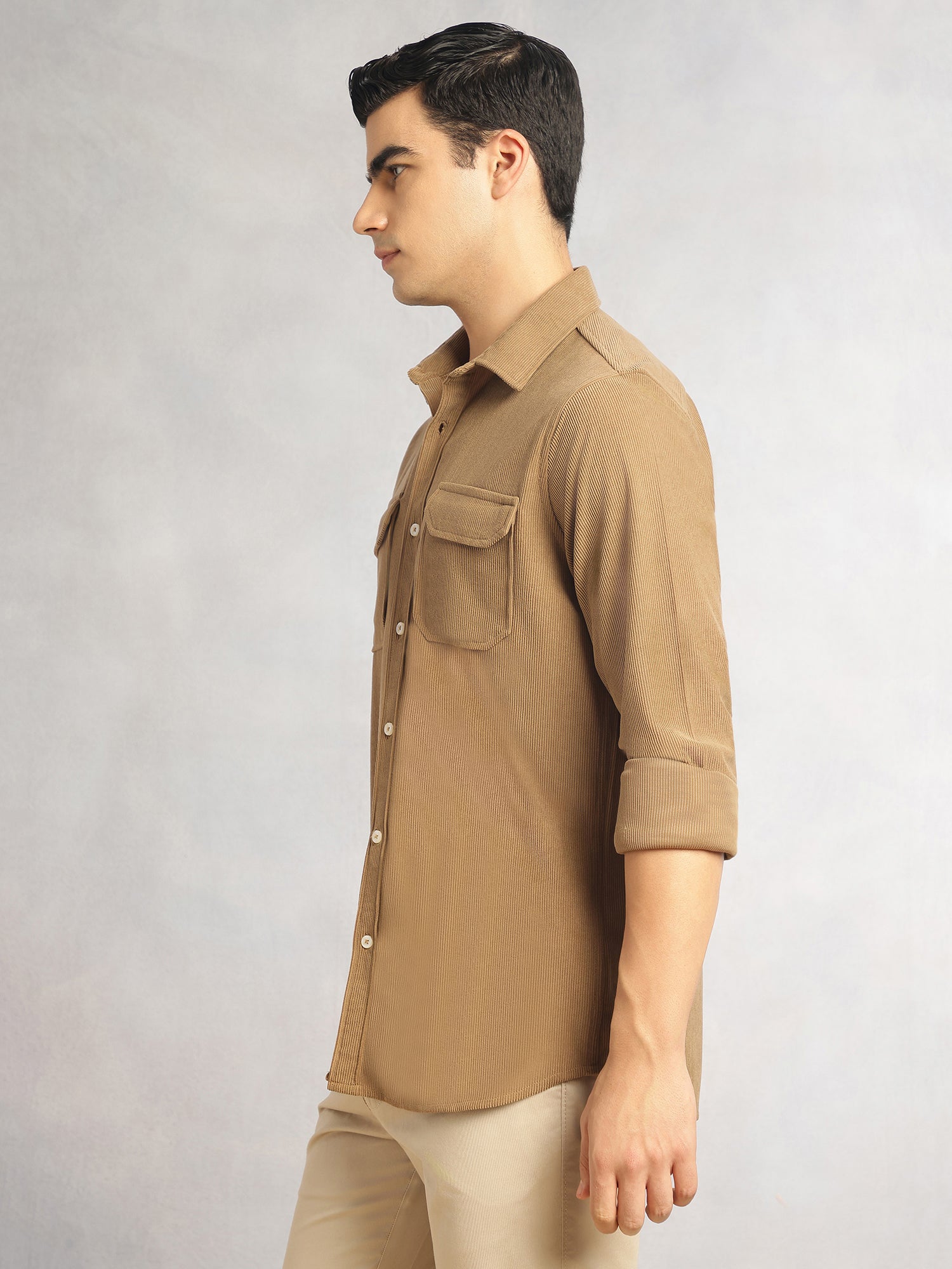 Thomas Scott Men Khaki Regular Fit Long Sleeves Spread Collar Corduroy Casual Shirt