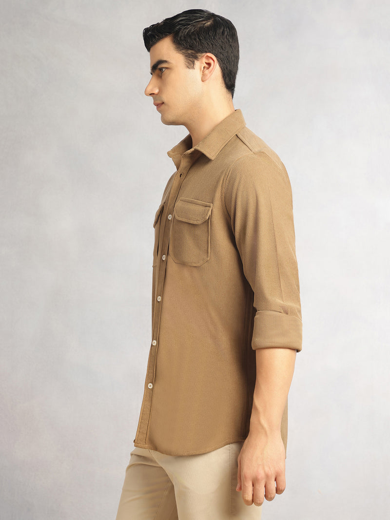 Thomas Scott Men Khaki Regular Fit Long Sleeves Spread Collar Corduroy Casual Shirt