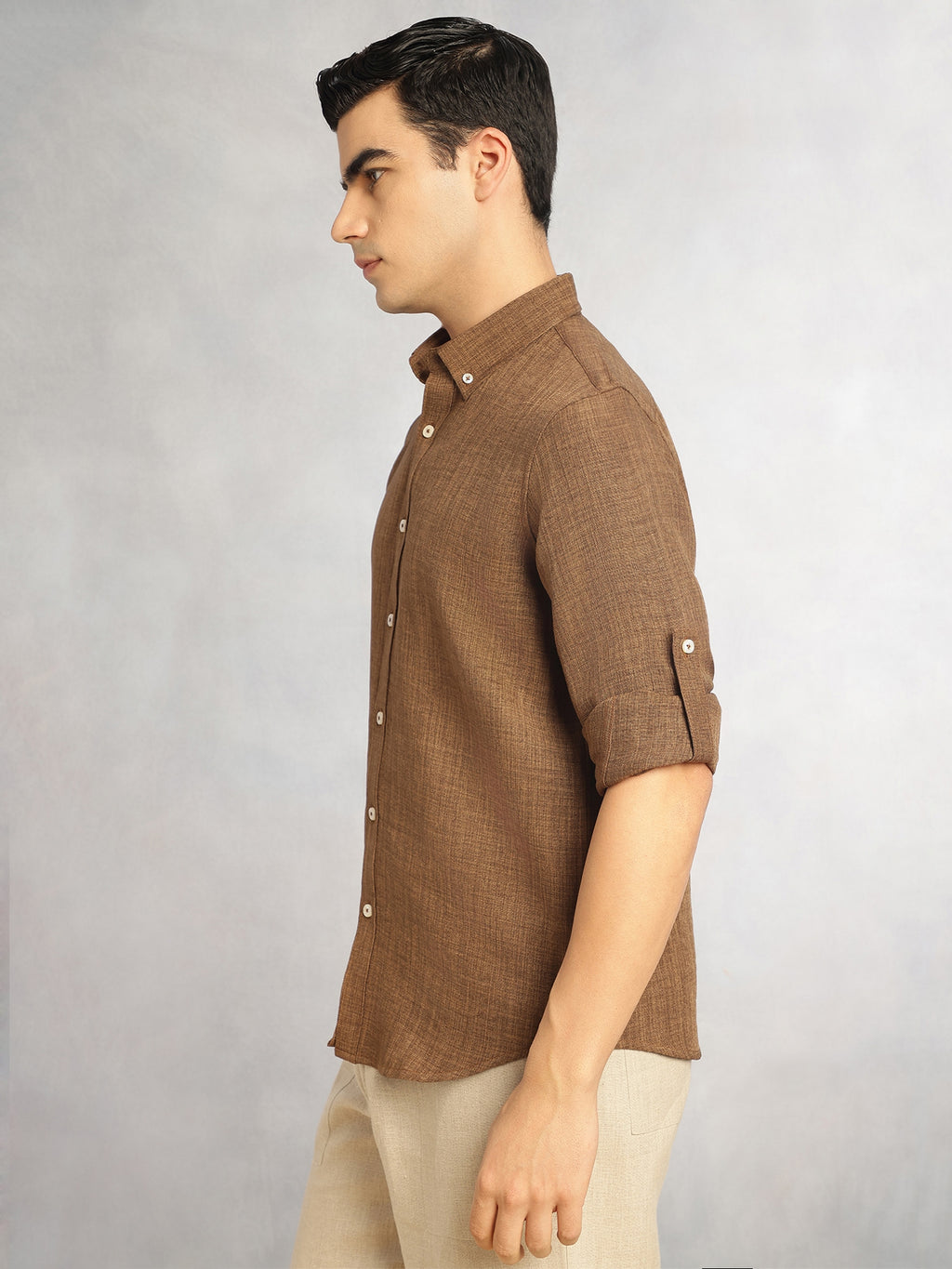 Thomas Scott Men Coffee Slim Fit Long Sleeves Button-Down Collar Polyester Casual Shirt