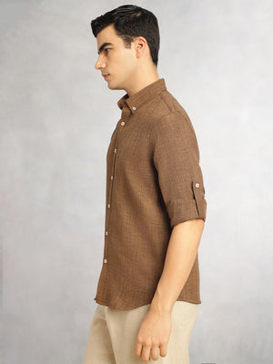 Thomas Scott Men Coffee Slim Fit Long Sleeves Button-Down Collar Polyester Casual Shirt