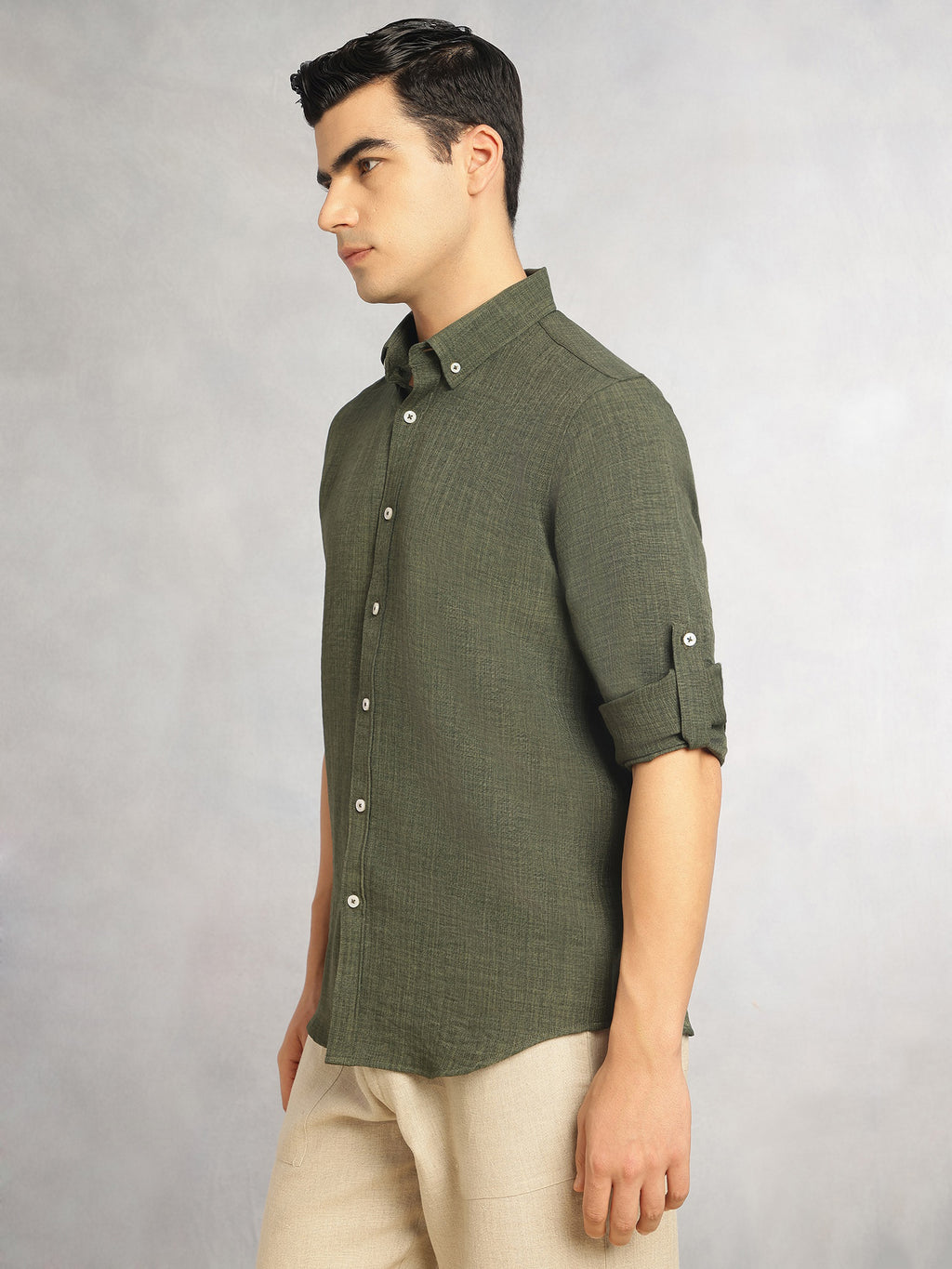 Thomas Scott Men Forest Green Slim Fit Long Sleeves Button-Down Collar Polyester Casual Shirt
