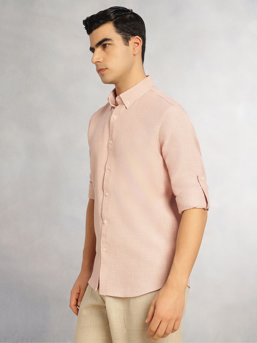 Thomas Scott Men Peach Slim Fit Long Sleeves Button-Down Collar Polyester Casual Shirt