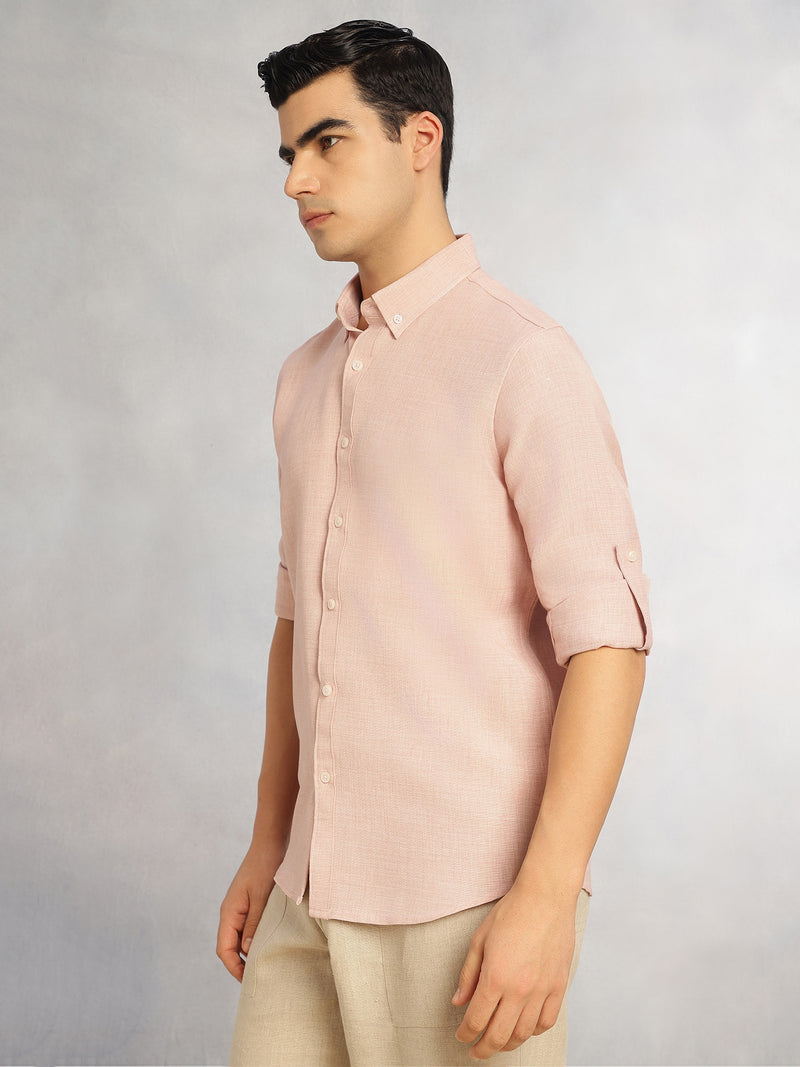 Thomas Scott Men Peach Slim Fit Long Sleeves Button-Down Collar Polyester Casual Shirt