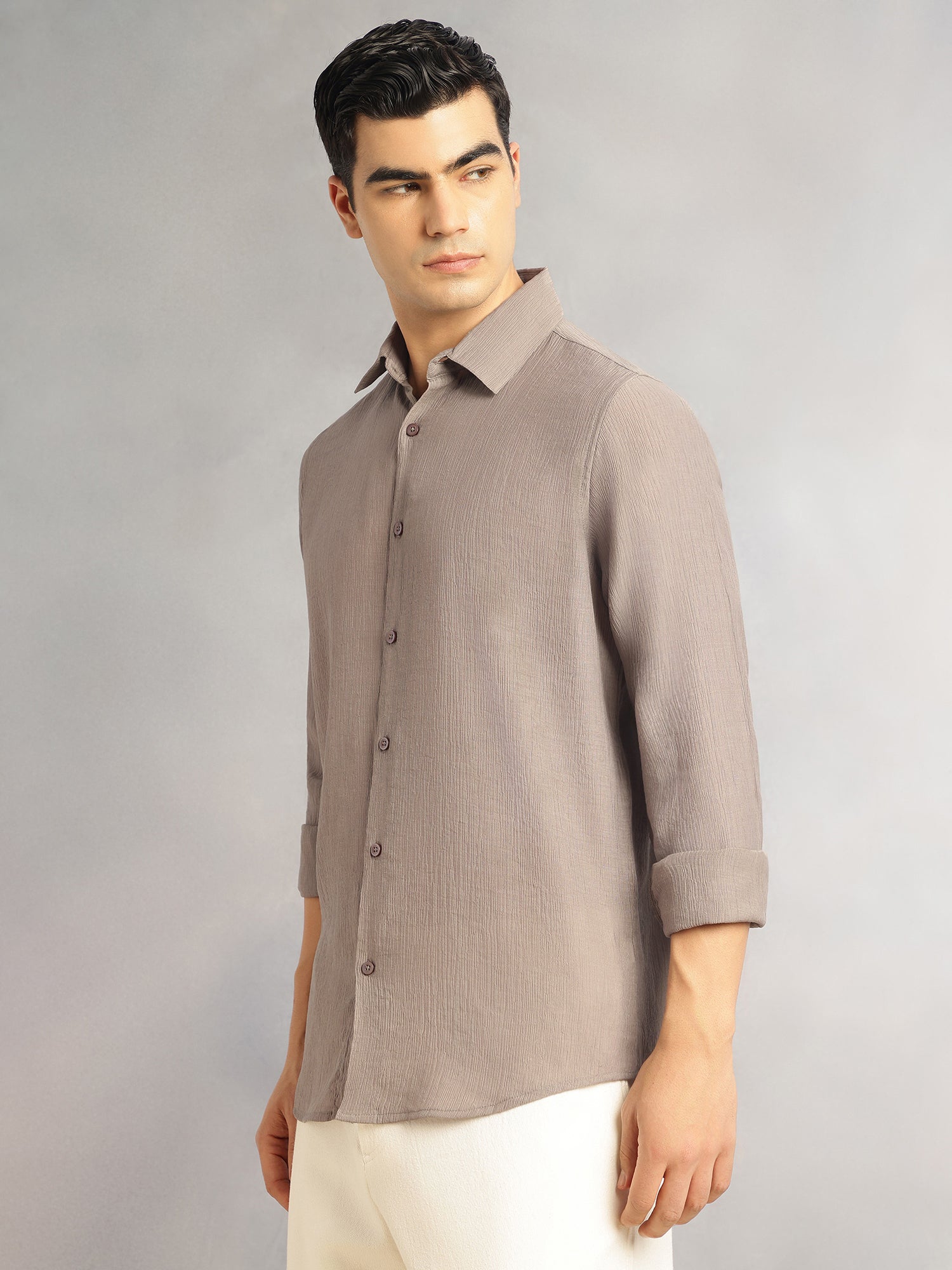 Thomas Scott Men Grey Regular Fit Long Sleeves Spread Colllar Textured Polyester Casual Shirt