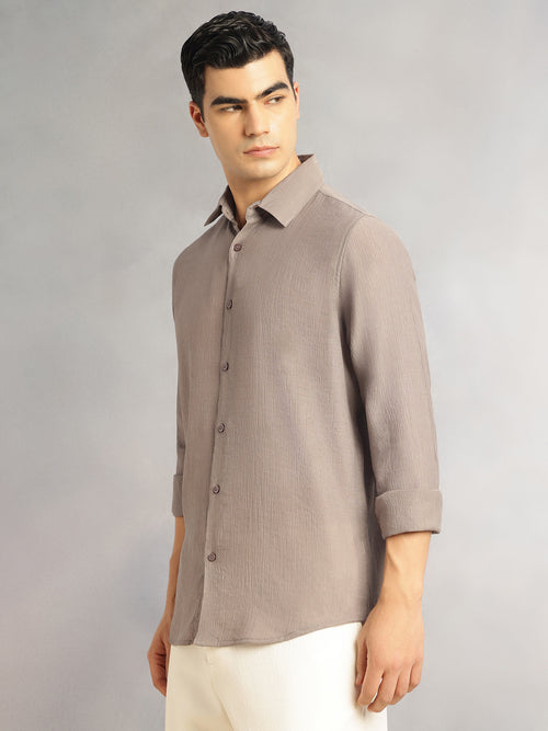 Thomas Scott Men Grey Regular Fit Long Sleeves Spread Colllar Textured Polyester Casual Shirt