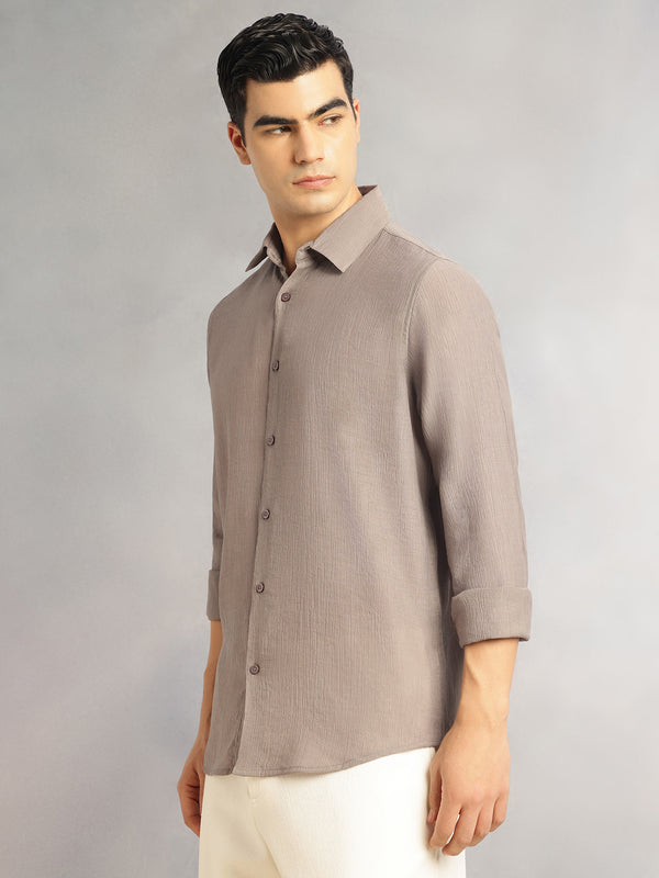 Grey Regular Fit Long Sleeves Spread Colllar Textured Polyester Casual Shirt For Men
