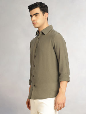 Thomas Scott Men Olive Regular Fit Long Sleeves Spread Colllar Textured Polyester Casual Shirt