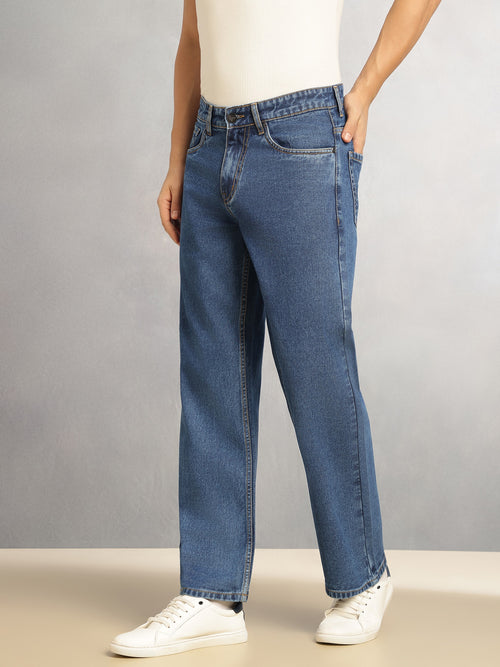 Thomas Scott Men Mid Blue Mid-Rise Baggy Fit No Fade Clean Look 100% Cotton Non Stretchable Jeans
