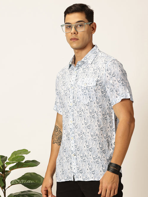 Thomas Scott Men Medium Blue Regular Fit Short Sleeves Spread Collar Ethnic Motifs Printed Casual Shirt