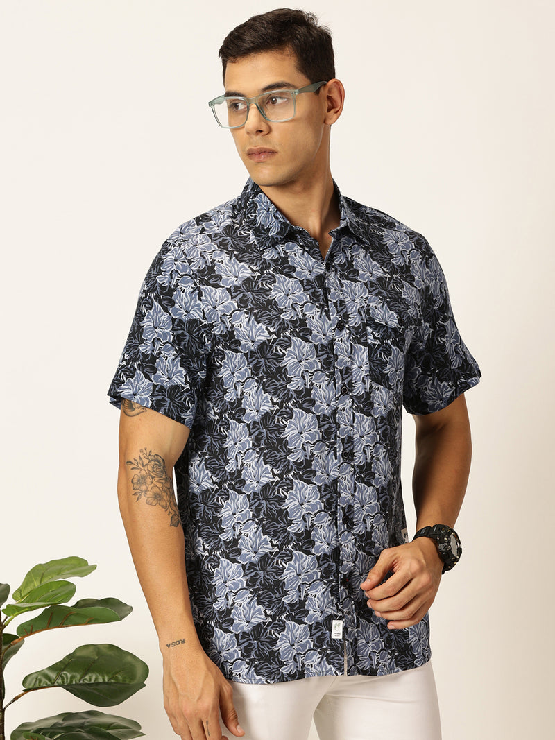 Thomas Scott Men Navy Blue Regular Fit Short Sleeves Spread Collar Floral Printed Casual Shirt