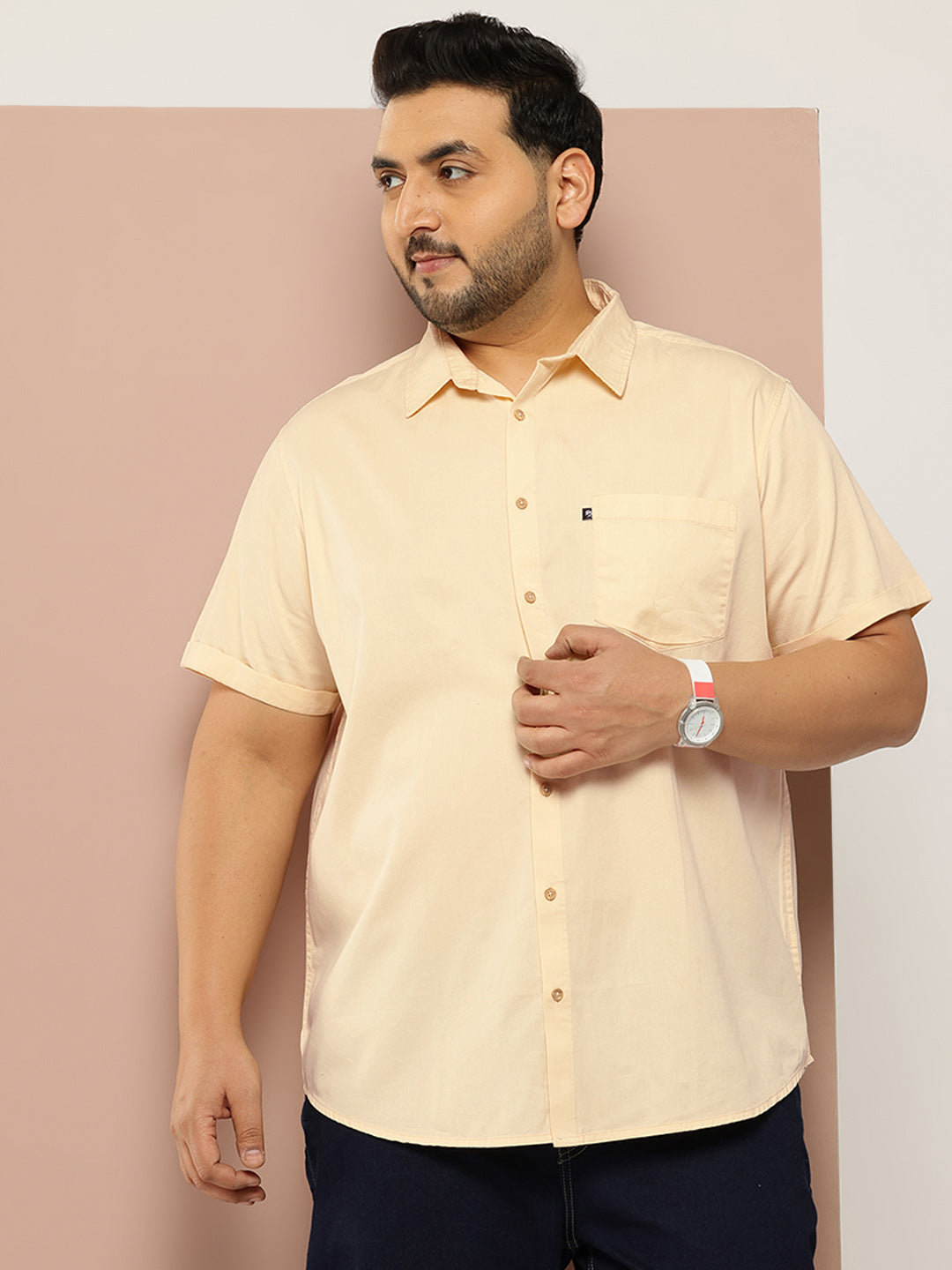 Thomas Scott Men Lemon Plus Size Regular Fit Short Sleeves Spread Collar 100% Cotton Casual Shirt