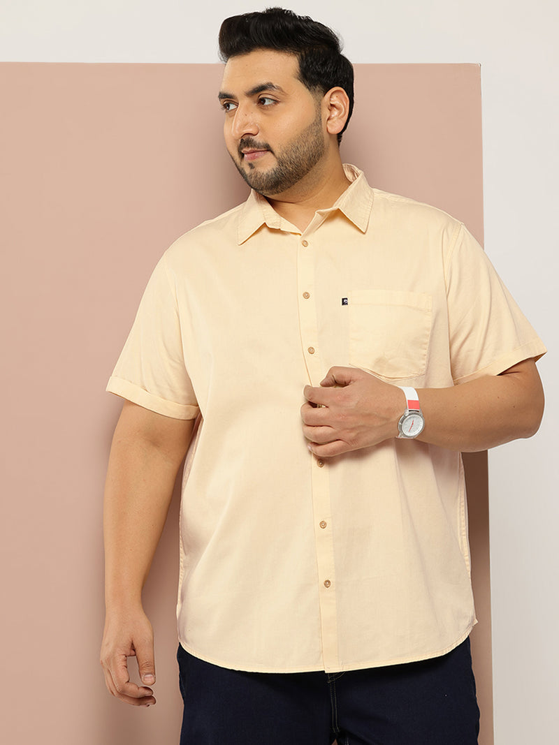 Thomas Scott Men Lemon Plus Size Regular Fit Short Sleeves Spread Collar 100% Cotton Casual Shirt