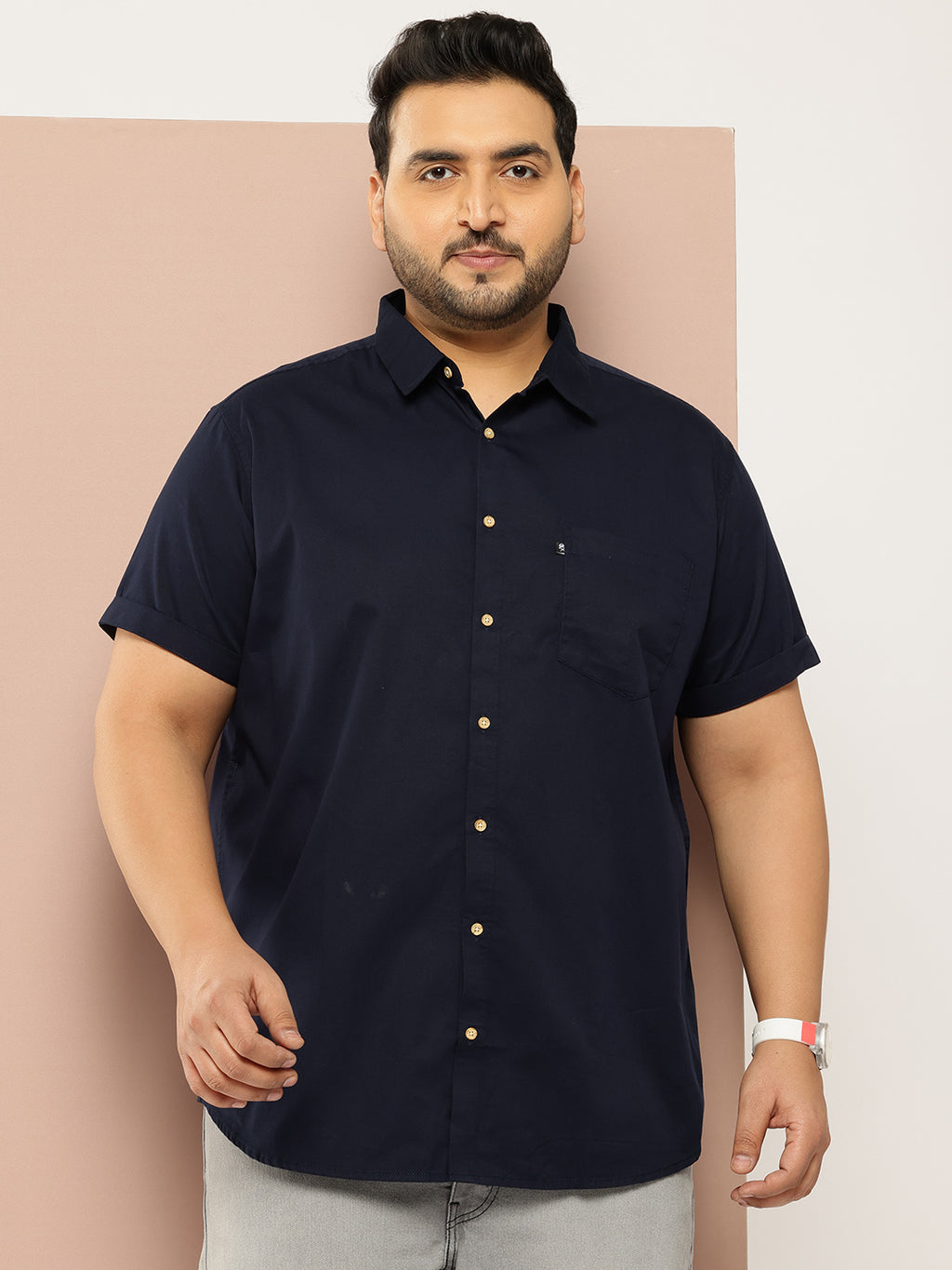 Thomas Scott Men Navy Plus Size Regular Fit Short Sleeves Spread Collar 100% Cotton Casual Shirt