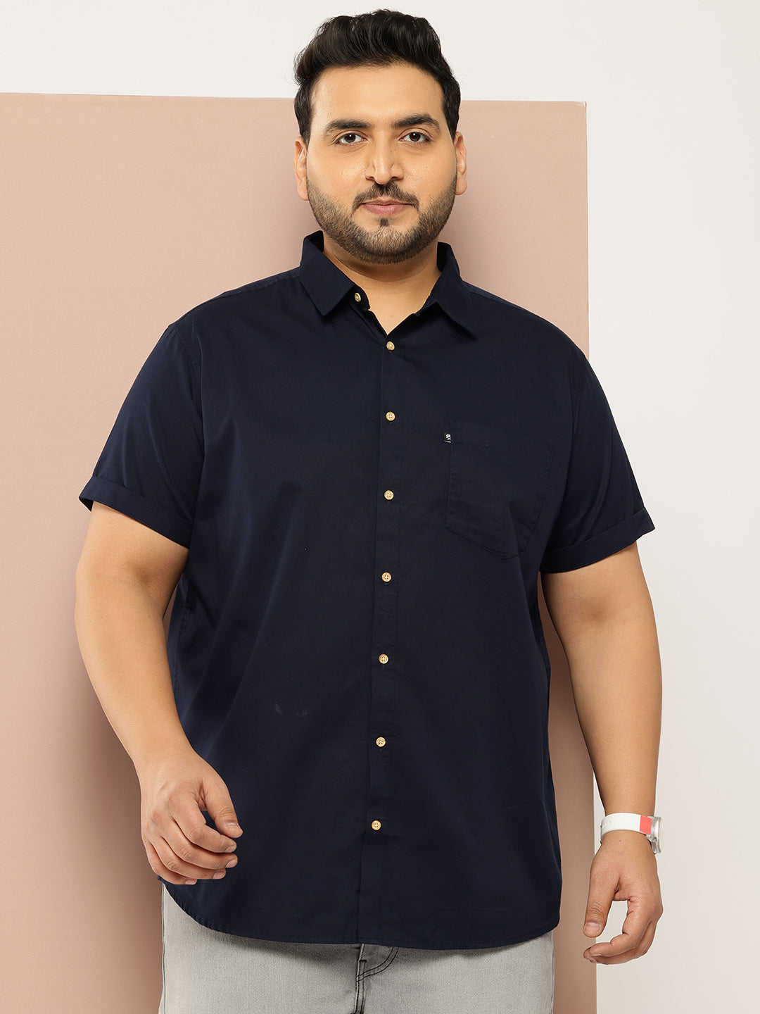 Thomas Scott Men Navy Plus Size Regular Fit Short Sleeves Spread Collar 100% Cotton Casual Shirt