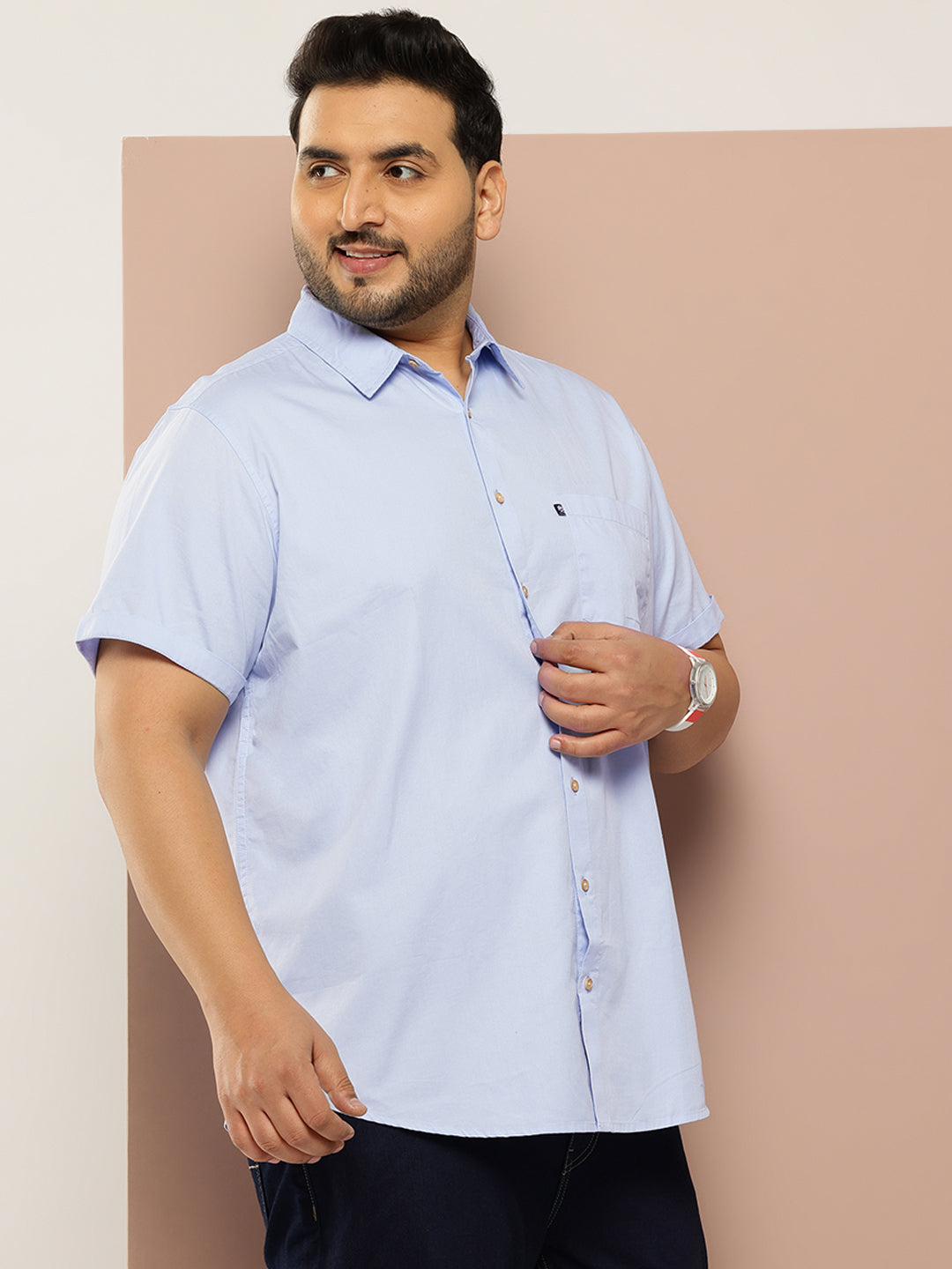 Thomas Scott Men Sky Blue Plus Size Regular Fit Short Sleeves Spread Collar 100% Cotton Casual Shirt