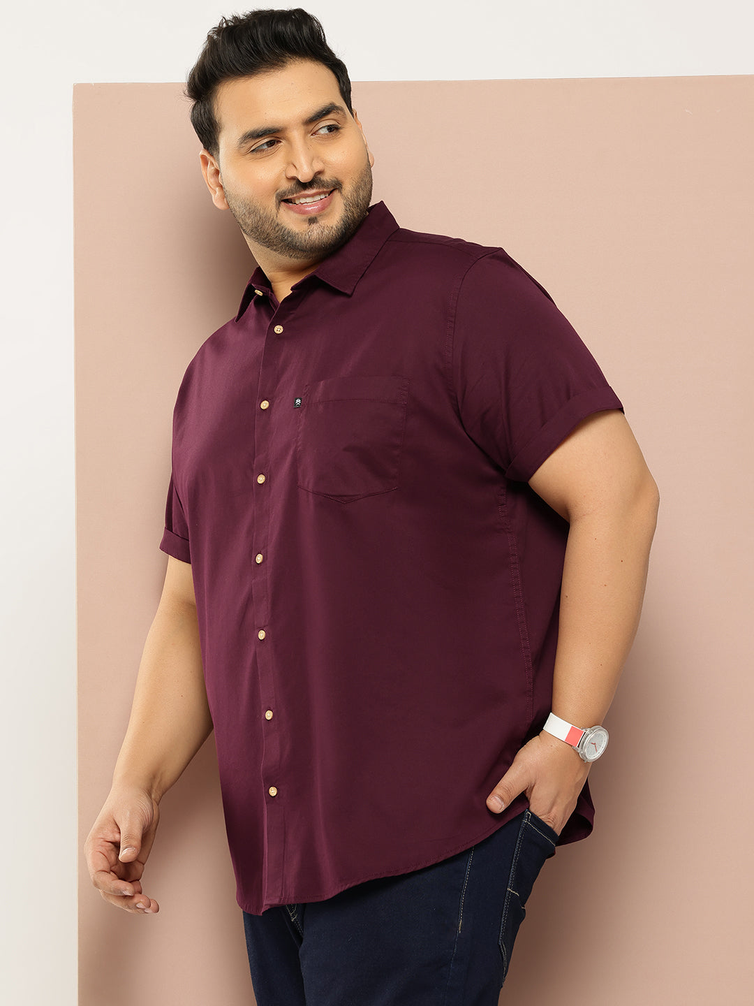 Thomas Scott Men Wine Plus Size Regular Fit Short Sleeves Spread Collar 100% Cotton Casual Shirt