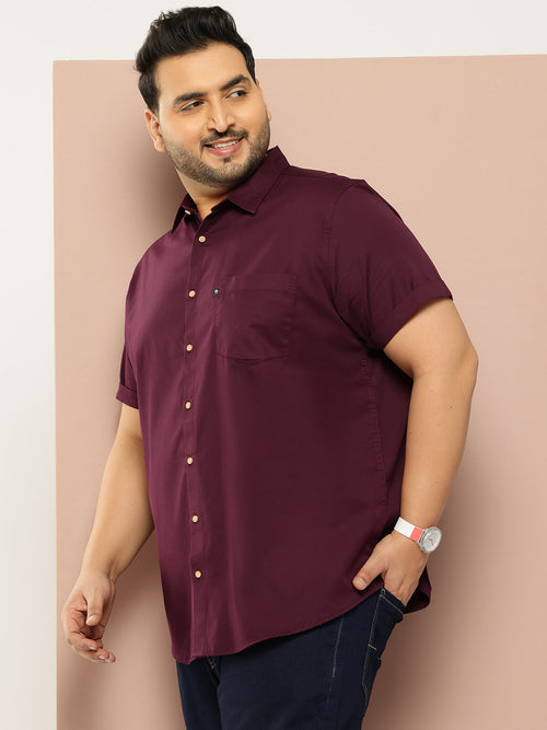 Thomas Scott Men Wine Plus Size Regular Fit Short Sleeves Spread Collar 100% Cotton Casual Shirt