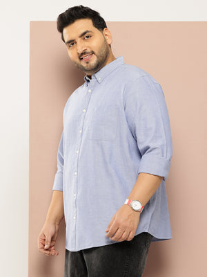 Dark Blue Plus Size Regular Fit Long Sleeves Button-Down Collar Solid 100% Cotton Casual Shirt For Men