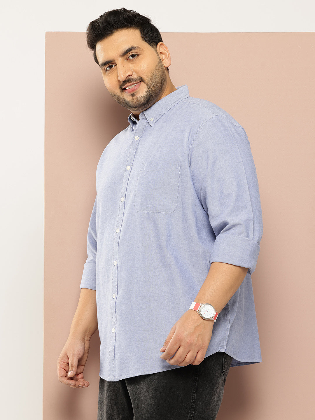 Thomas Scott Men Dark Blue Plus Size Regular Fit Long Sleeves Button-Down Collar Solid 100% Cotton Casual Shirt