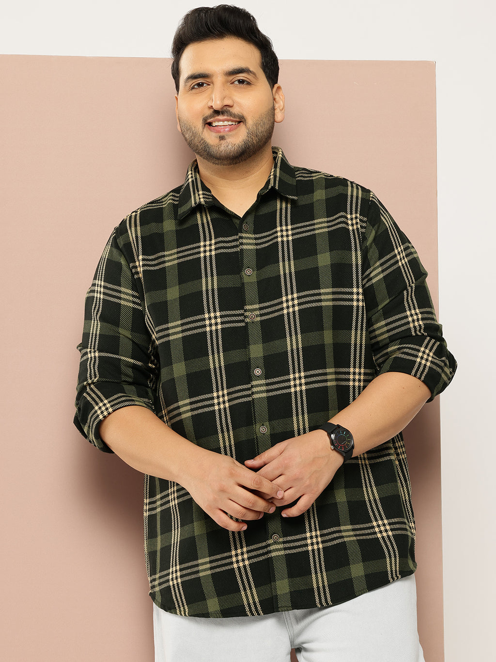 Thomas Scott Men Black Plus Size Regular Fit Long Sleeves Spread Collar Shepherd Checks 100% Cotton Casual Shirt