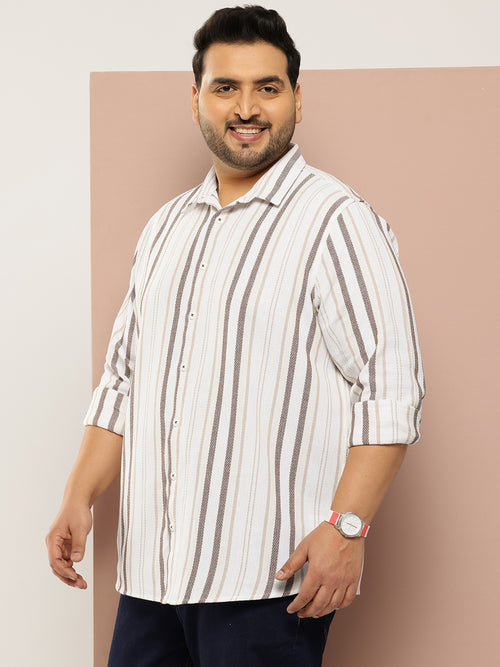 Thomas Scott Men Cream Plus Size Regular Fit Long Sleeves Spread Collar Multi Stripes 100% Cotton Casual Shirt