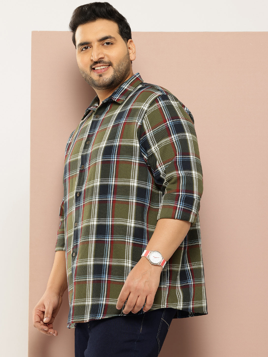 Thomas Scott Men Green Plus Size Regular Fit Long Sleeves Spread Collar Shepherd Checks 100% Cotton Casual Shirt