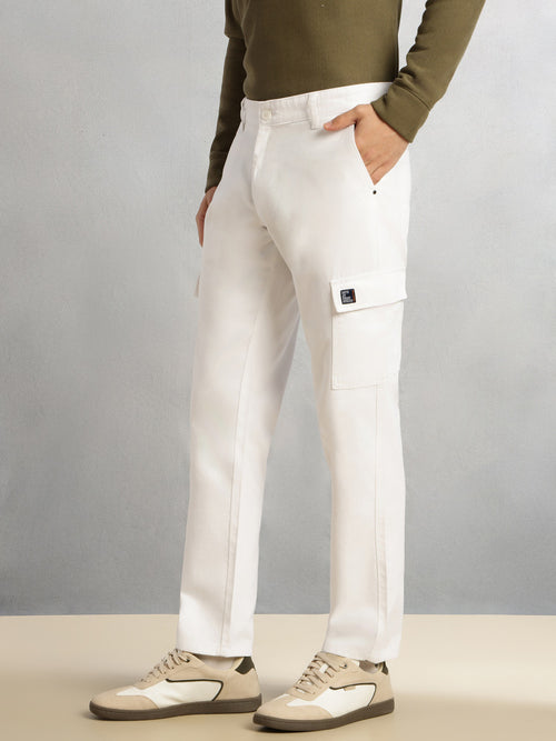 Thomas Scott Men White Cricket Club Collection Straight Fit Mid-Rise 100% Cotton Woven Cargo Trouser