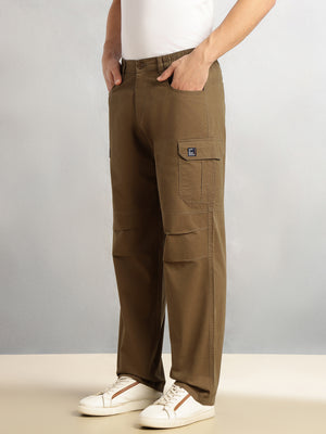 Thomas Scott Men Khaki Cricket Club Collection Mid-Rise 100% Cotton Loose Fit Solid Woven Cargo Trouser