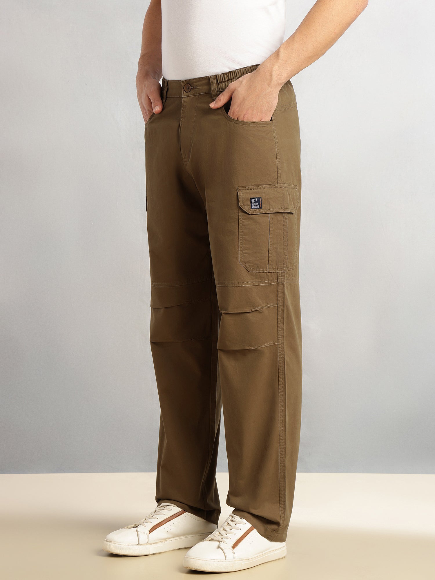 Thomas Scott Men Khaki Cricket Club Collection Mid-Rise 100% Cotton Loose Fit Solid Woven Cargo Trouser