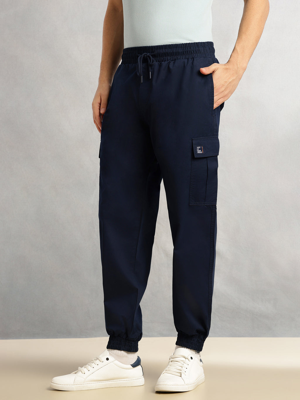 Thomas Scott Men Navy Cricket Club Collection Cargo Fit Mid Rise Solid 100% Cotton Woven Joggers