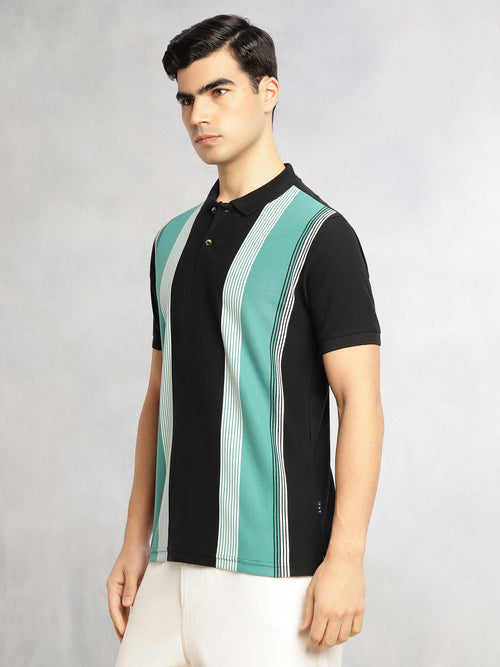 Thomas Scott Men Black Regular Fit Short Sleeves Striped Cotton Polyester Knitted Polo Collar Tshirt