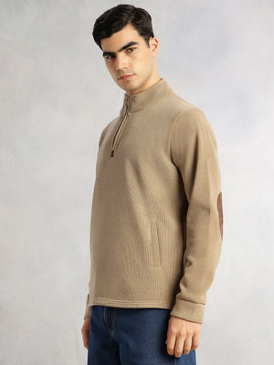 Thomas Scott Men Beige Regular Fit Long Sleeves Mock Collar Solid 100% Polyester Half-Zip Knitted Sweatshirt
