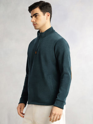 Thomas Scott Men Green Regular Fit Long Sleeves Mock Collar Solid 100% Polyester Half-Zip Knitted Sweatshirt