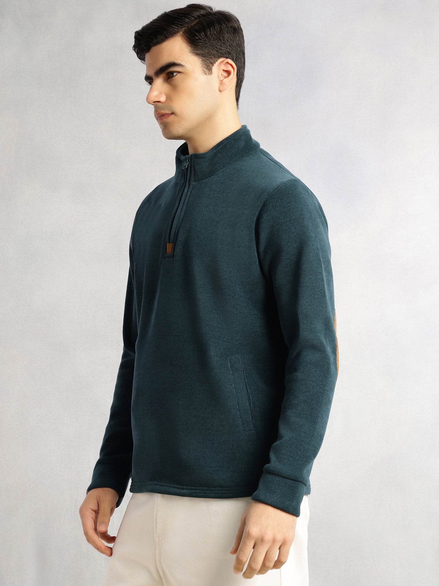 Thomas Scott Men Green Regular Fit Long Sleeves Mock Collar Solid 100% Polyester Half-Zip Knitted Sweatshirt