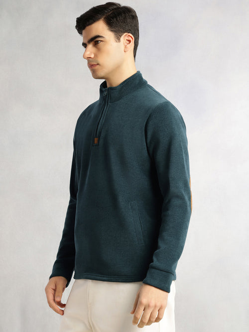 Thomas Scott Men Green Regular Fit Long Sleeves Mock Collar Solid 100% Polyester Half-Zip Knitted Sweatshirt