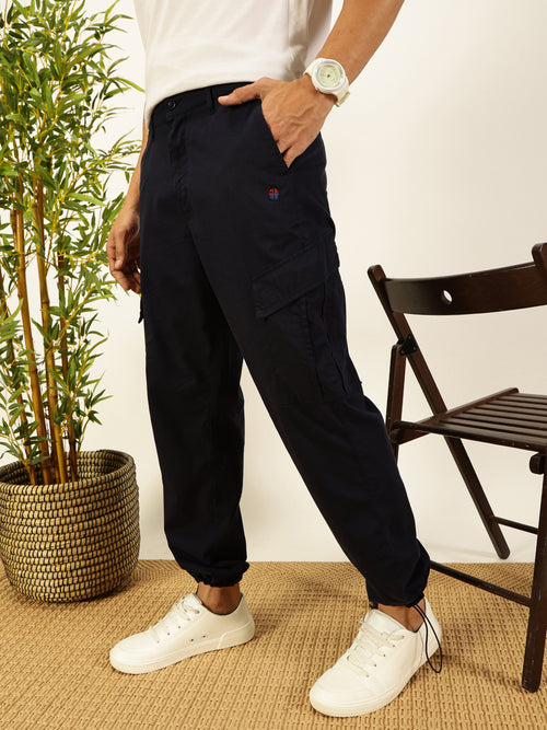 Thomas Scott Men Navy Regular Fit Mid-Rise Cotton Woven Parachute Cargo Trouser