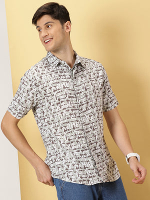 Thomas Scott Men Cream Short Sleeves Regular Sleeves Spread Collar Geometric Printed Cotton Rayon Casual Shirt