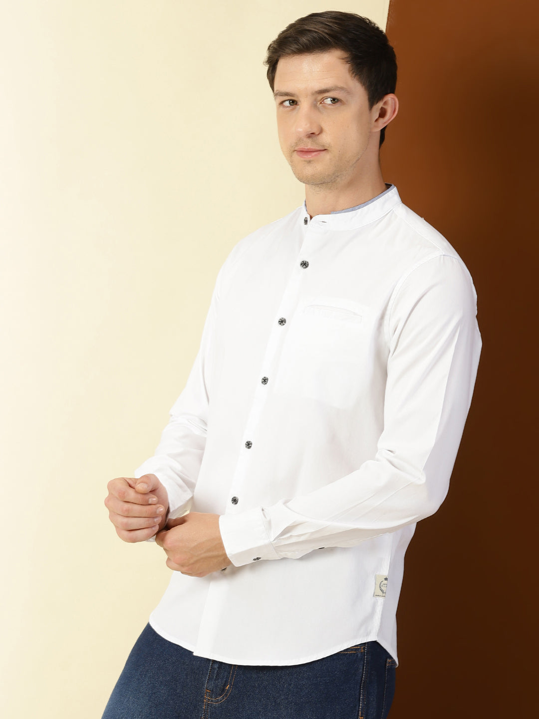 Thomas Scott Men White Cricket Club Collection Slim Fit Long Sleeves Band Collar Cotton Casual Shirt