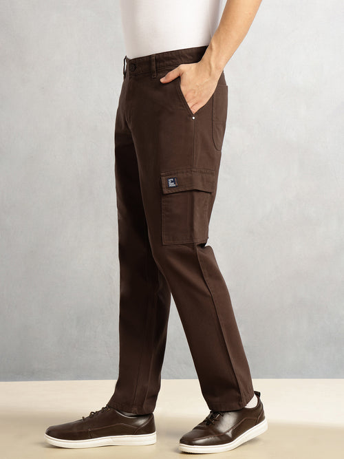 Thomas Scott Men Brown Cricket Club Collection Straight Fit Mid-Rise 100% Cotton Woven Cargo Trouser