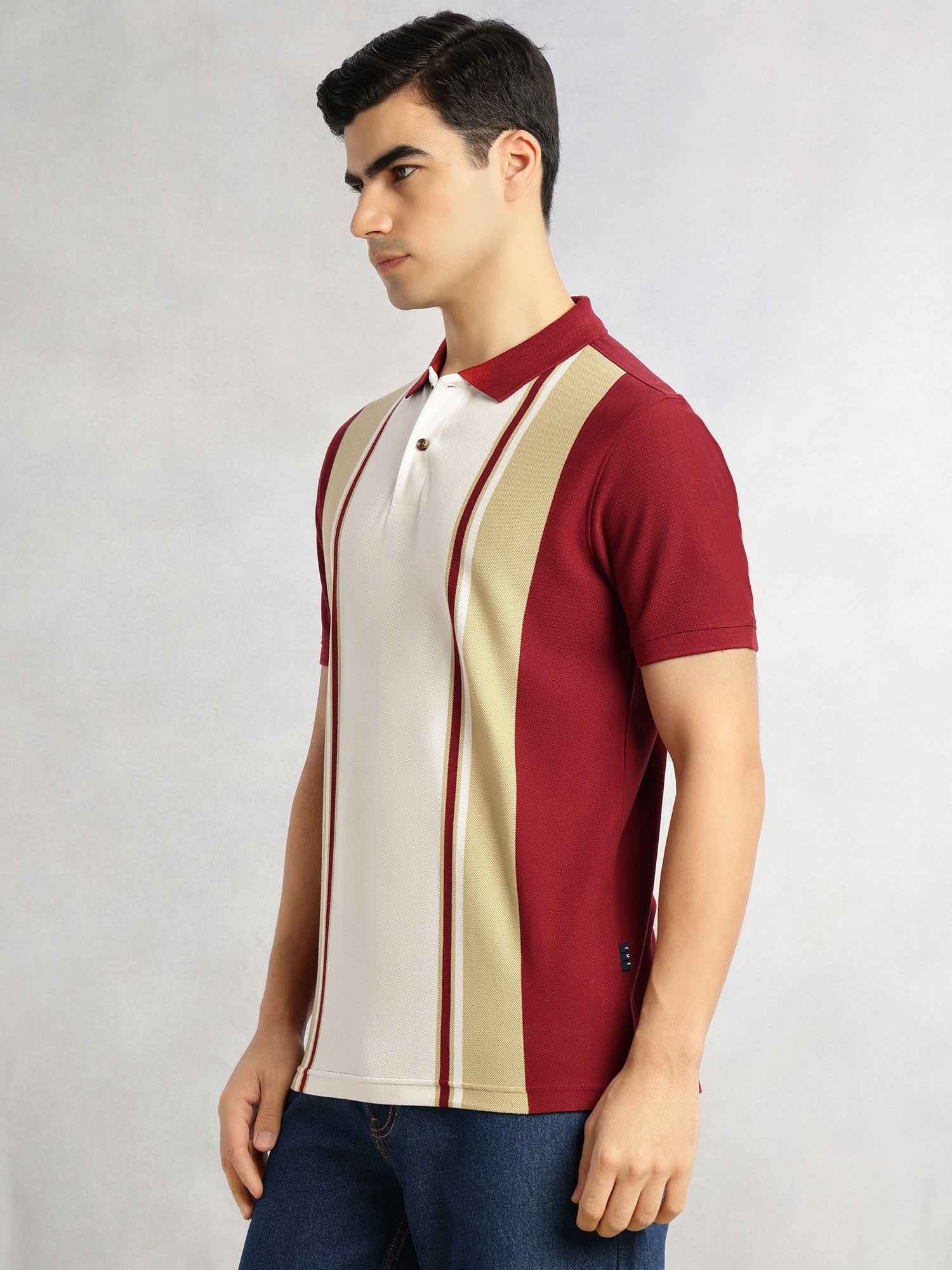 Thomas Scott Men Brick Red Regular Fit Short Sleeves Striped Cotton Polyester Knitted Polo Collar Tshirt