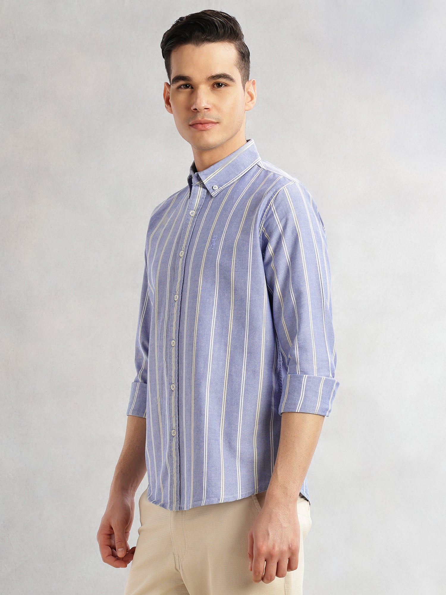 Thomas Scott Men Blue Cricket Club Collection Slim Fit Long Sleeves Button Down Collar Vertical Stripes Oxford Casual Shirt