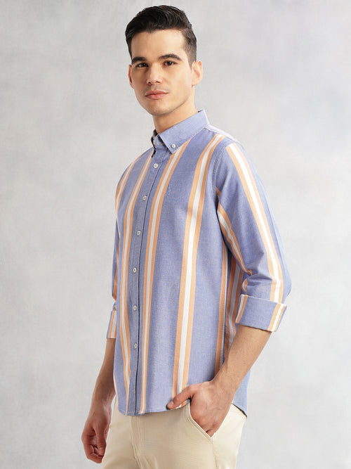 Thomas Scott Men Blue Cricket Club Collection Slim Fit Long Sleeves Vertical Stripes Button Down Collar Oxford Casual | Shirt