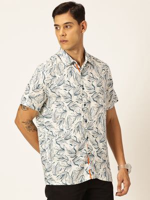Medium Blue Regular Fit Short Sleeves Spread Collar Tropical Printed Casual Shirt For Men