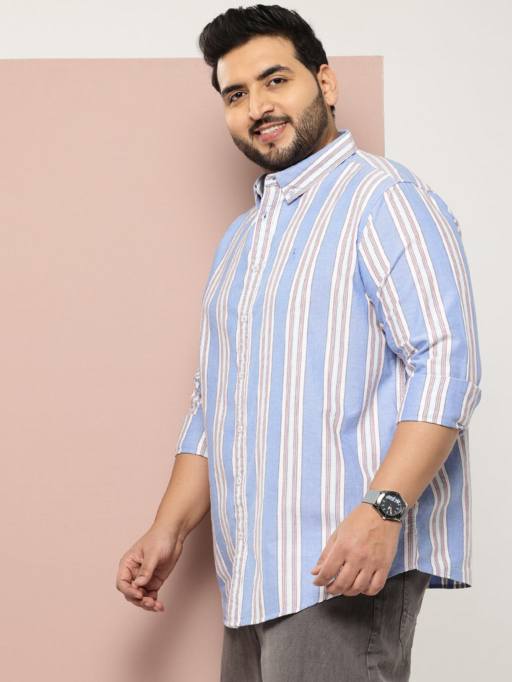 Thomas Scott Men Blue Cricket Club Collections Plus Size Regular Fit Long Sleeves Button-Down Collar Multi Stripes 100% Cotton Casual Shirt