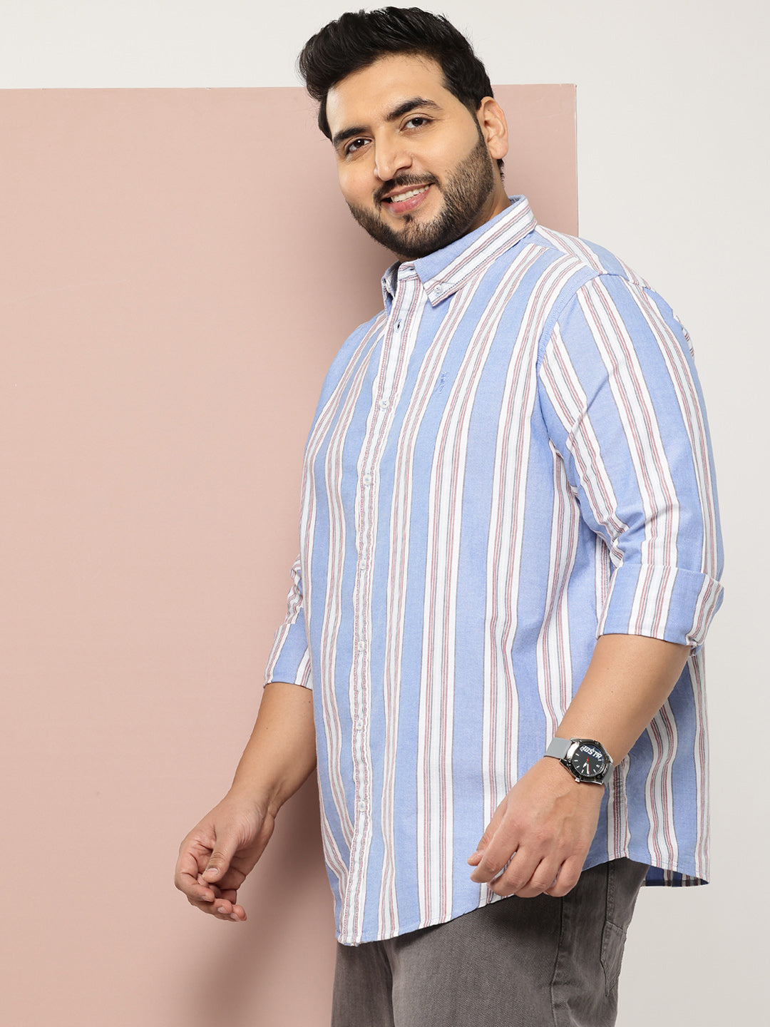 Thomas Scott Men Blue Cricket Club Collections Plus Size Regular Fit Long Sleeves Button-Down Collar Multi Stripes 100% Cotton Casual Shirt