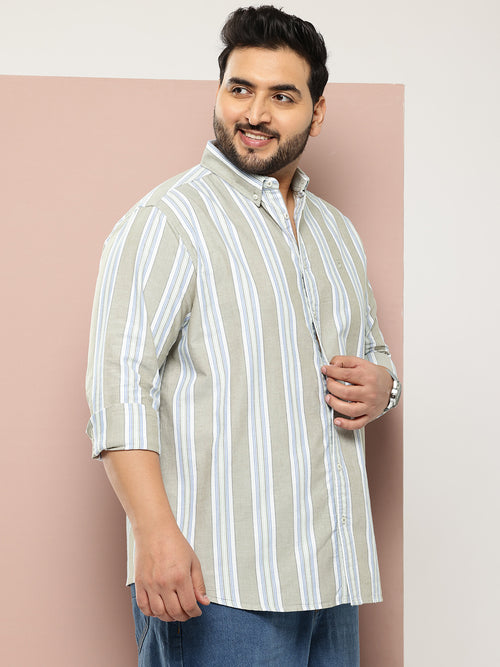Thomas Scott Men Green Cricket Club Collections Plus Size Regular Fit Long Sleeves Button-Down Collar Multi Stripes 100% Cotton Casual Shirt